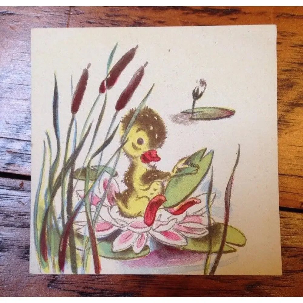 Vintage 1946 Brownie Baby Fuzzy Yellow Duck Duckling in Pond Blank Greeting Card